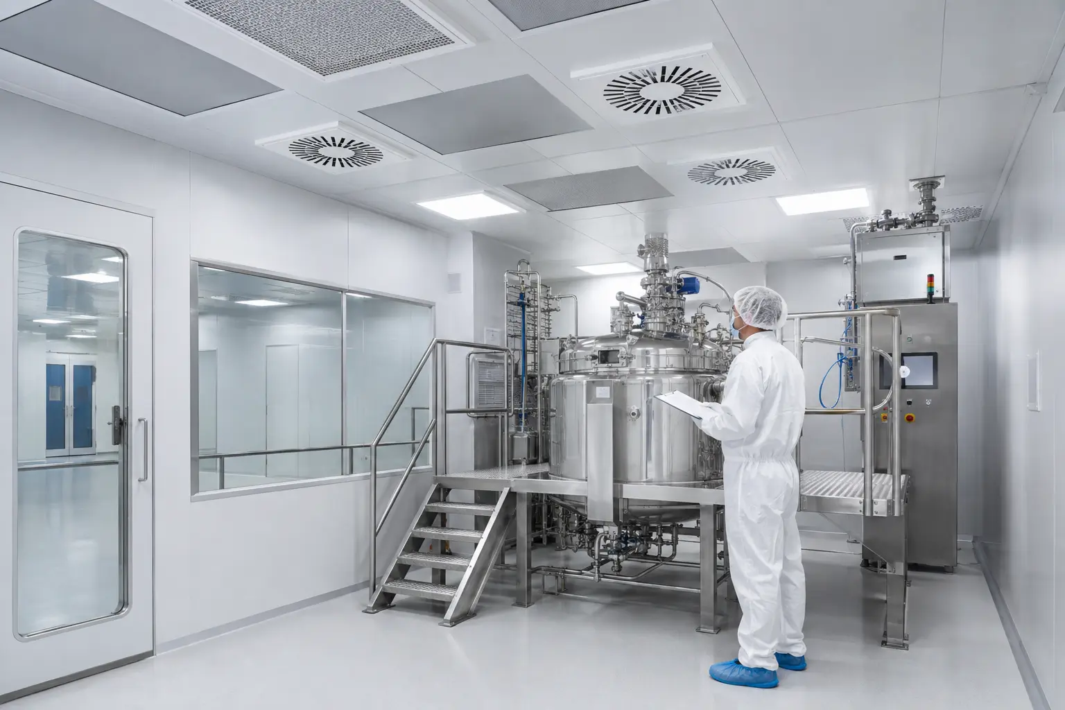 Cleanroom technician inspecting pharmaceutical processing equipment inside a HEPA-filtered controlled environment.